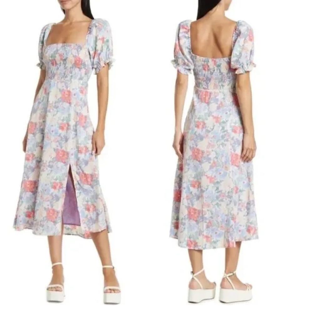 ASTR the label Smocked Puff Sleeve Floral Midi Dress